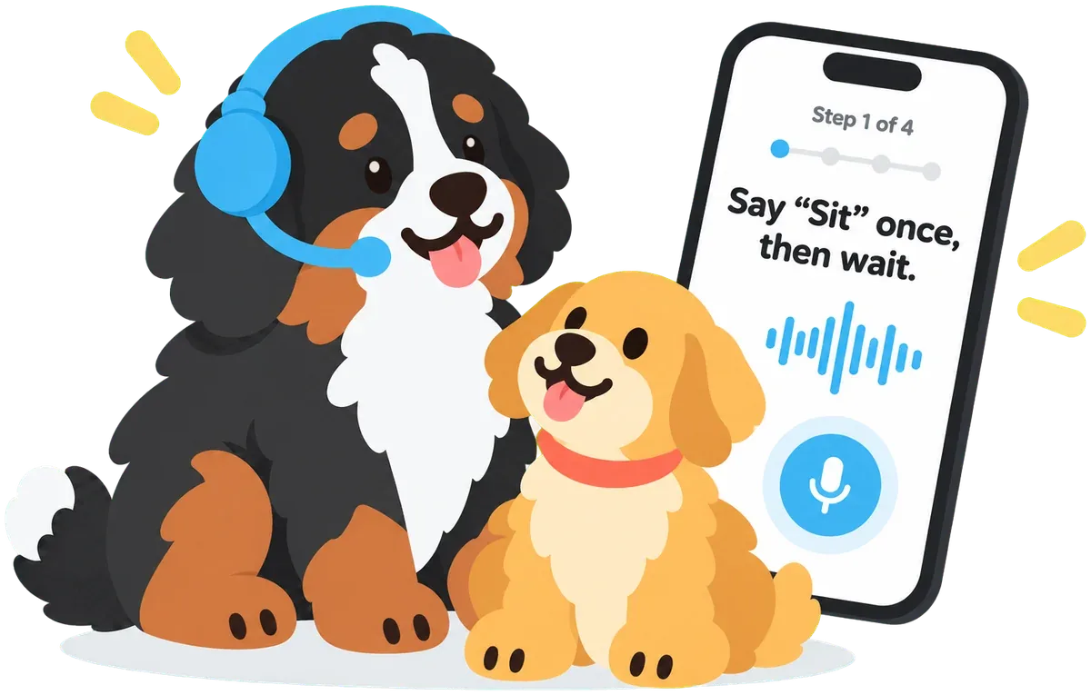 Coach Barley, a Bernese mountain dog with a headset, cheering on a puppy